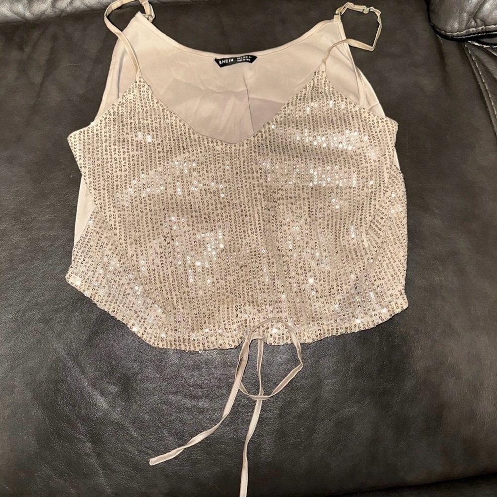 SHEIN Gold Sequin Tie Front Crop Camisole